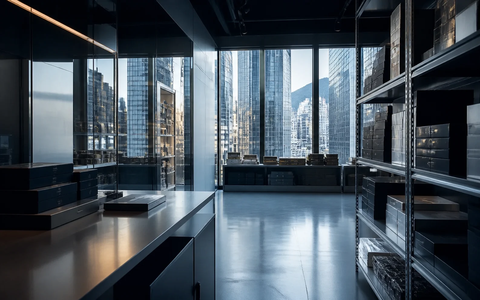 Unbranded electronics workspace in a Hong Kong business setting