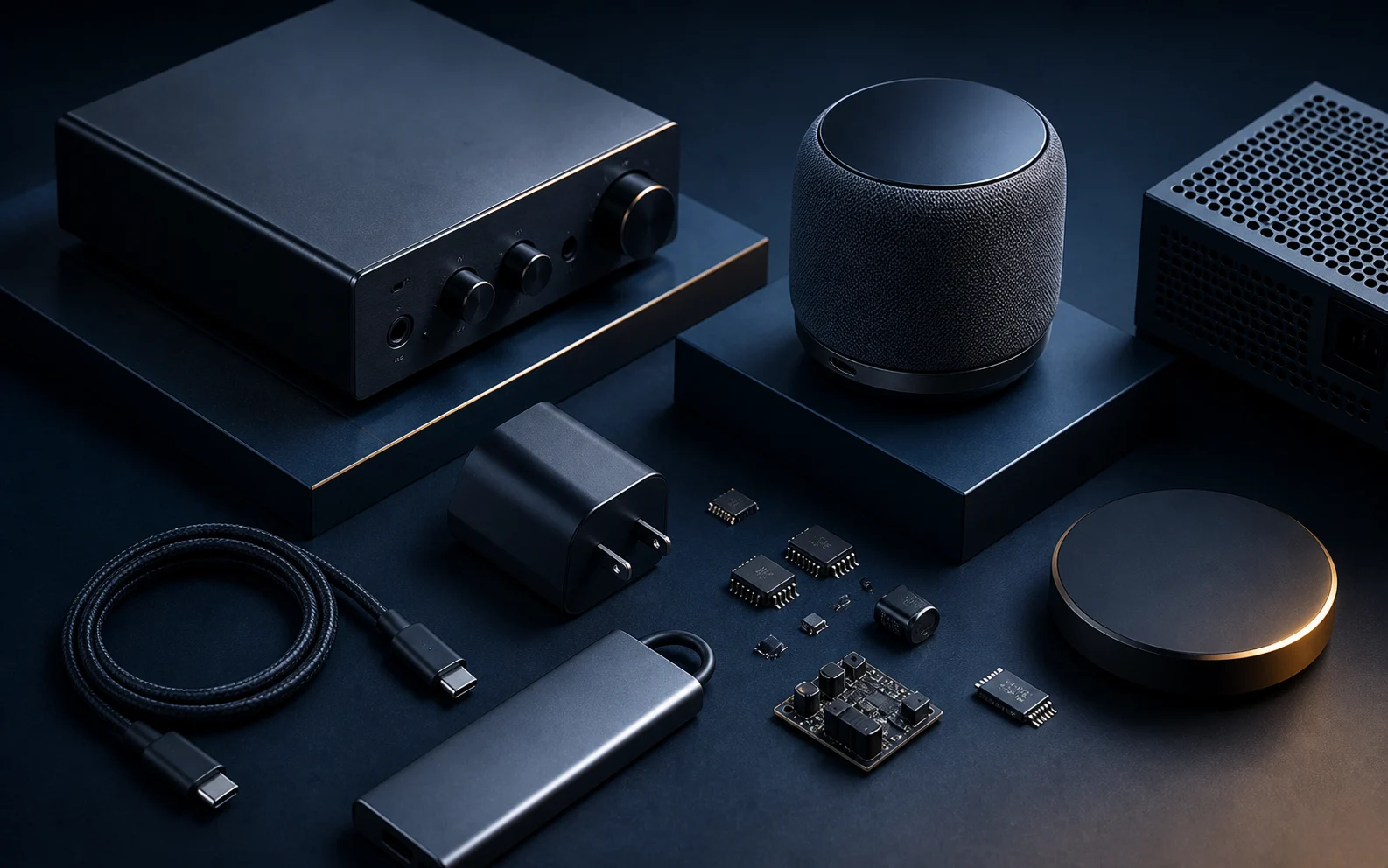 Unbranded electronics and components arranged on a dark studio surface